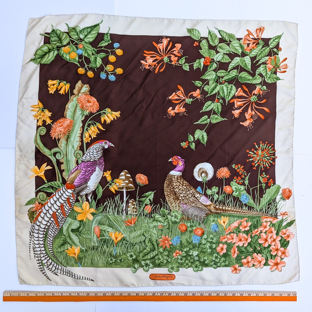 Salvatore Ferragamo Silk Scarf Brown Pheasant Bird Botanical Floral 35 in Square